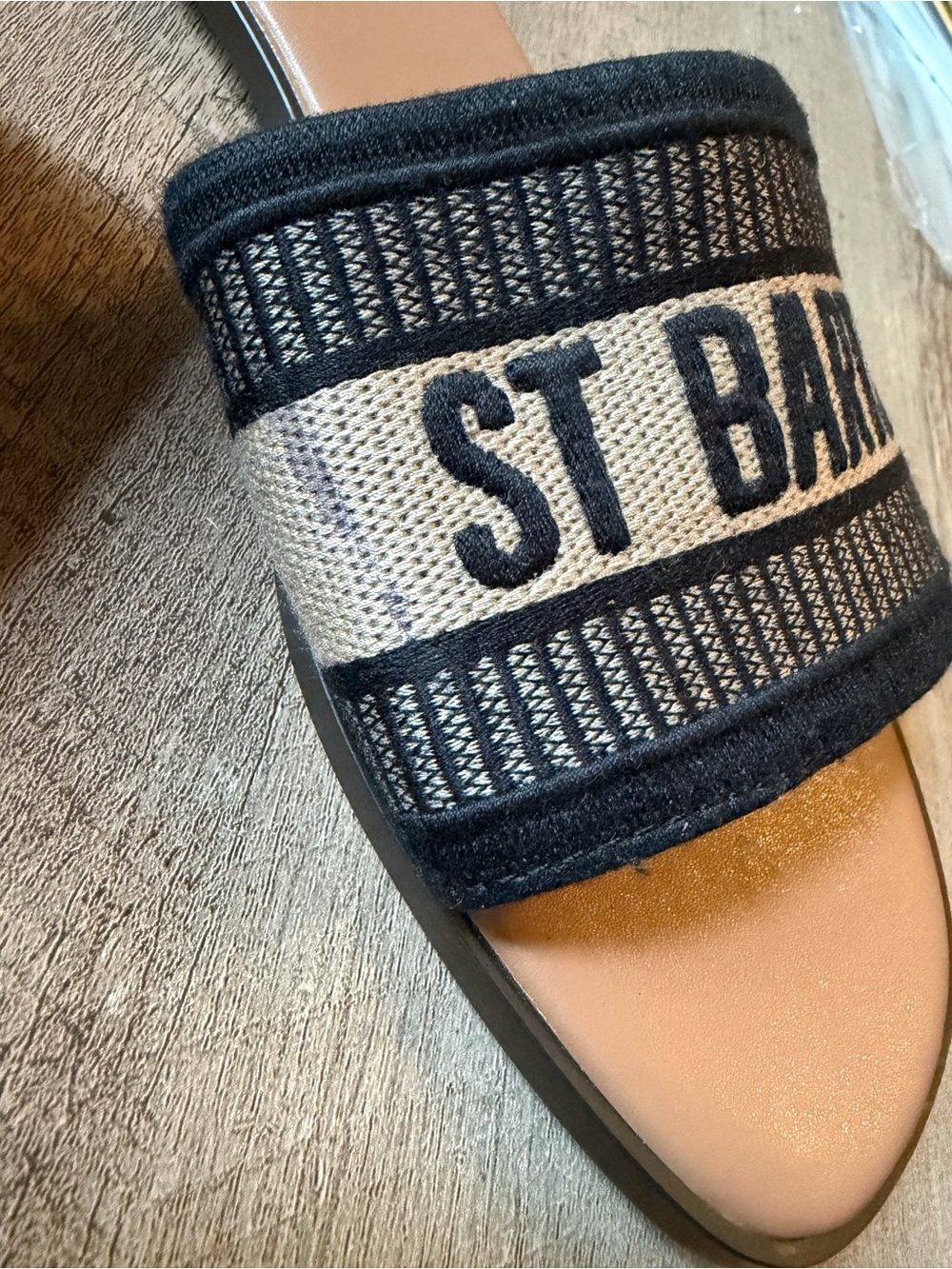 Steve Madden Black & Beige ST BARTS Embroidered Slide Sandals - Picture 2 of 4